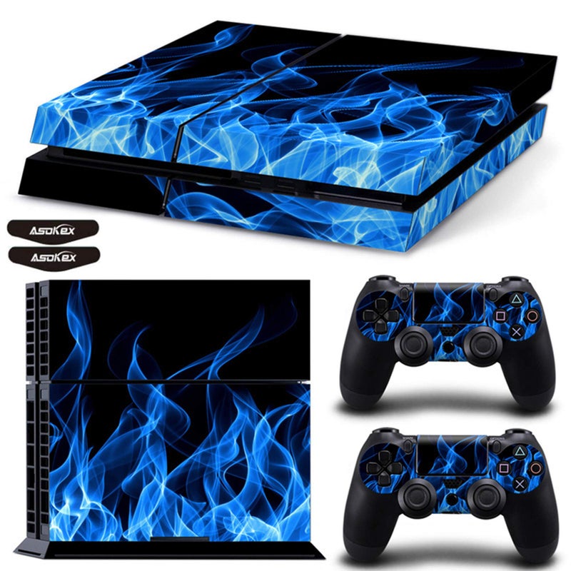 Asokex Ps4 Slim Stickers Full Body Vinyl Skin Decal Cover for PlayStation 4 Console Controllers (with 4pcs Led Lightbar Stickers) (Blue fire) (PS4 Console (Blue fire)) - Image 1